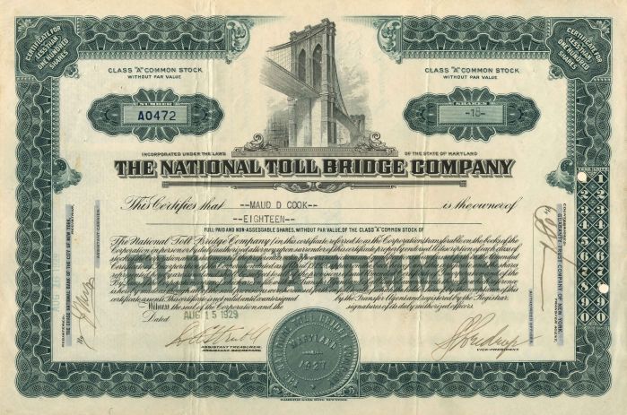 National Toll Bridge Co. - 1929 dated Stock Certificate