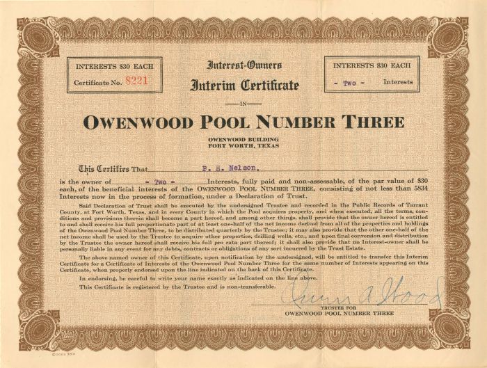 Owenwood Pool Number Three - Stock Certificate