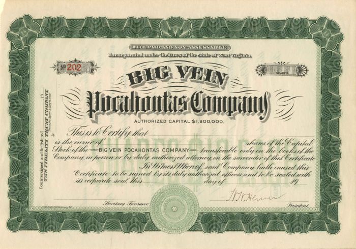 Big Vein Pocahontas Co. - circa 1920's Unissued Stock Certificate