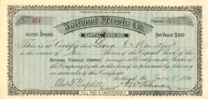 National Ferrule Co. - Stock Certificate