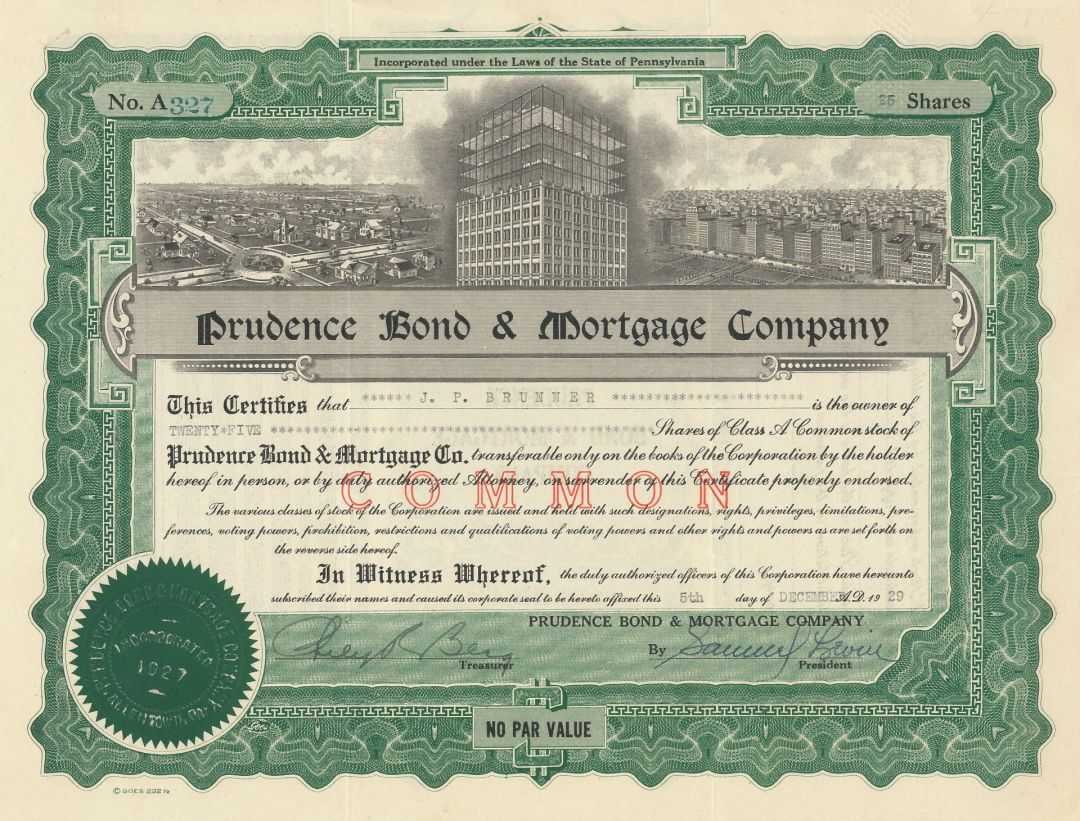 Prudence Bond and Mortgage Co. - 1929 dated Financial Stock Certificate