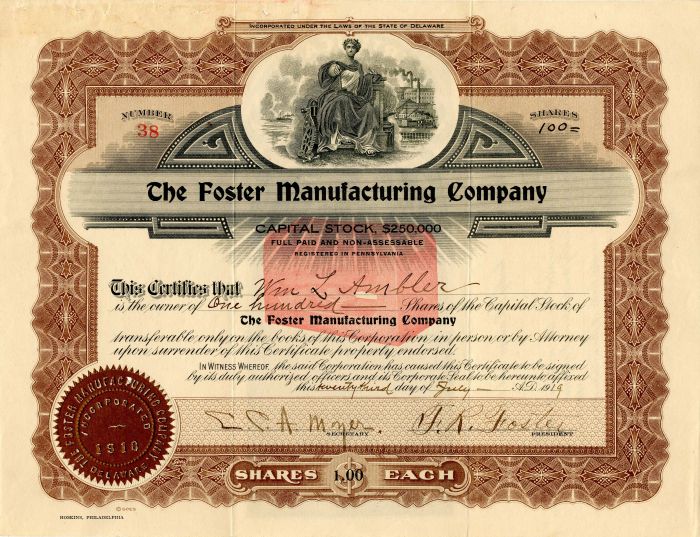 Foster Manufacturing Co. - Stock Certificate