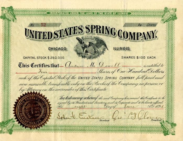 United States Spring Co. - Stock Certificate