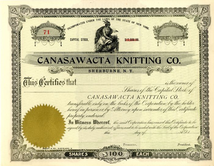 Canasawacta Knitting Co. - Stock Certificate