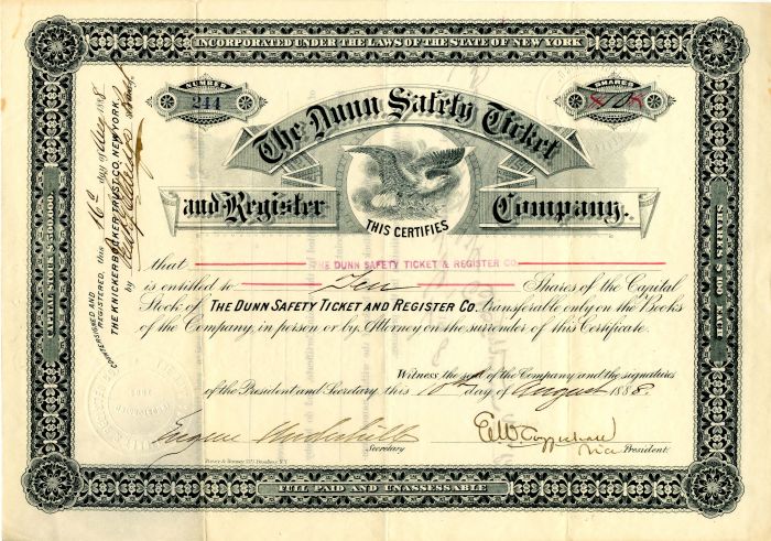 Dunn Safety Ticket and Register Co. - Stock Certificate