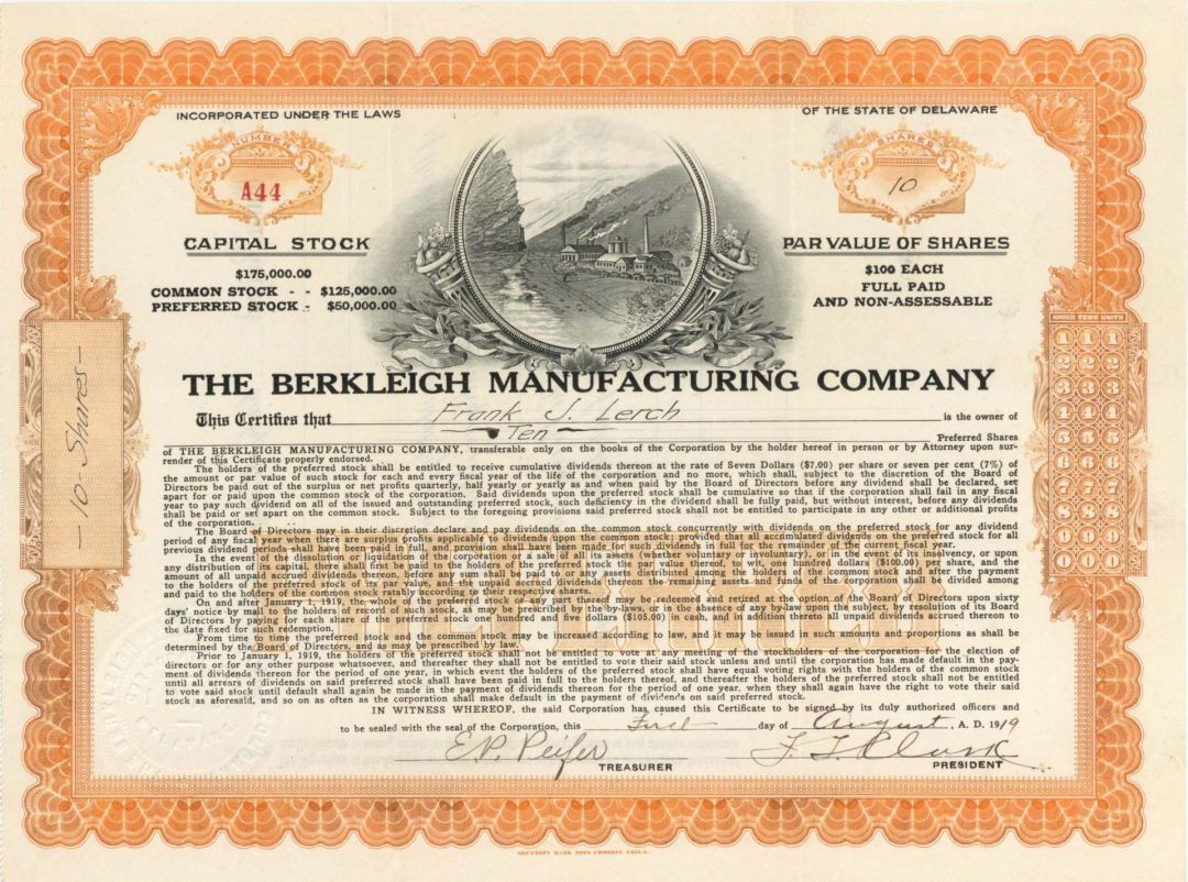 Berkleigh Manufacturing Co. - 1919 dated Stock Certificate