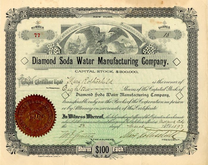 Diamond Soda Water Manufacturing Co. - 1897 dated New York Stock Certificate