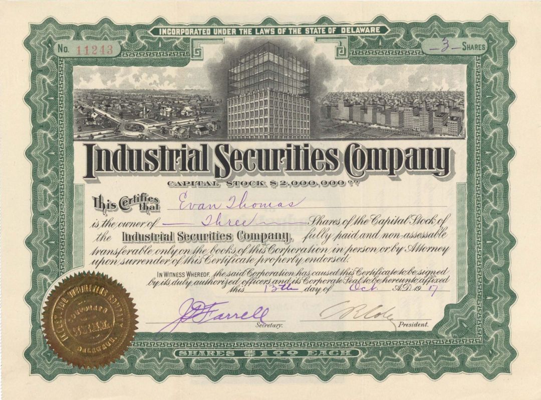 Industrial Securities Co. - 1917 or 1918 dated Stock Certificate