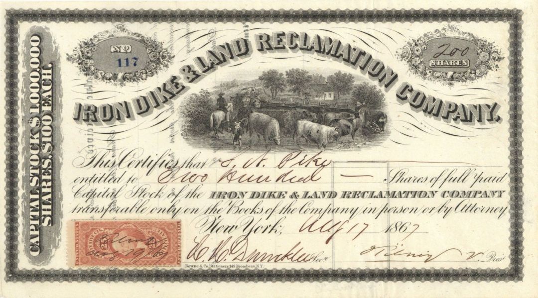 Iron Dike and Land Reclamation Co. - 1867 dated Stock Certificate