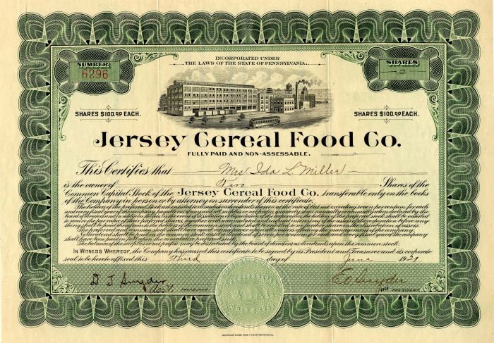 Jersey Cereal Food Co. - Stock Certificate