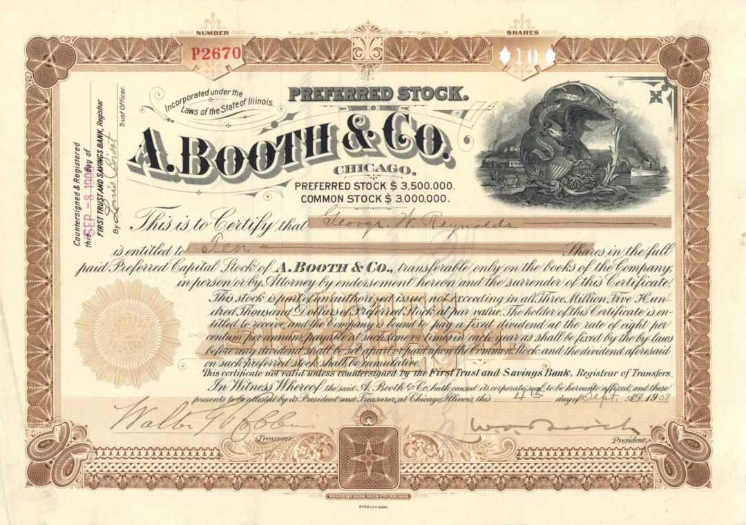 A. Booth and Co. - 1908 dated Stock Certificate