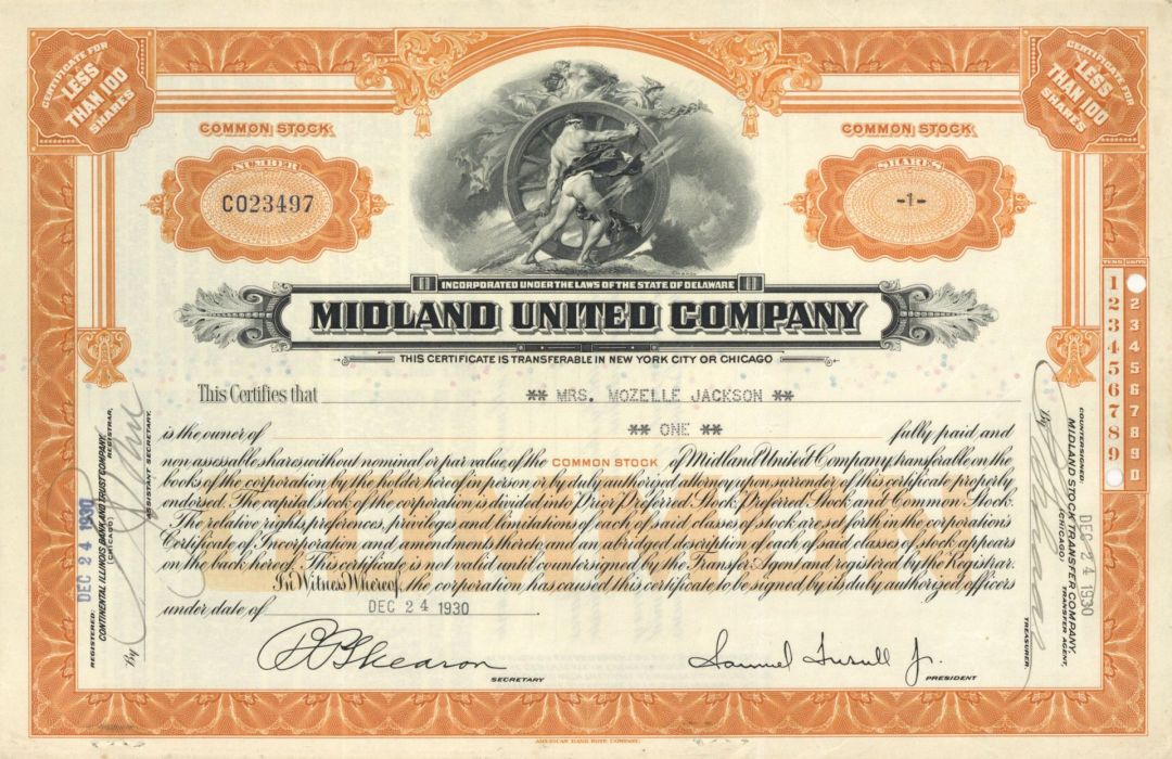 Midland United Co. - 1930's dated Stock Certificate