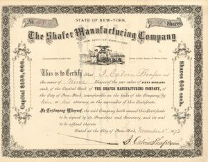 Shafer Manufacturing Co. - 1873 dated Stock Certificate