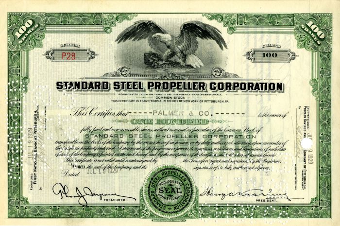 Standard Steel Propeller Corporation - Stock Certificate