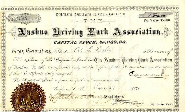 Nashua Driving Park Association - Stock Certificate