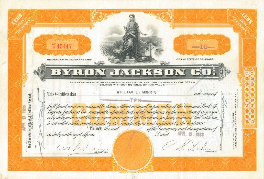 Byron Jackson Co. - Stock Certificate