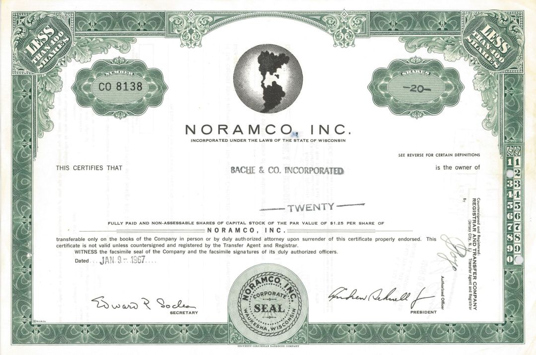 Noramco, Inc. - 1965-67 dated Stock Certificate - Fox Head Brewing