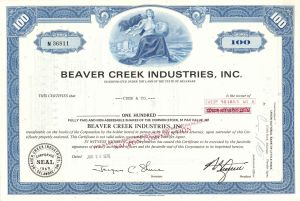 Beaver Creek Industries, Inc. - 1960's-70's dated Stock Certificate