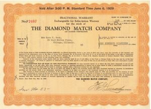 Diamond Match Co.- 1929 dated Stock Certificate - The Year of the Great Stock Market Crash