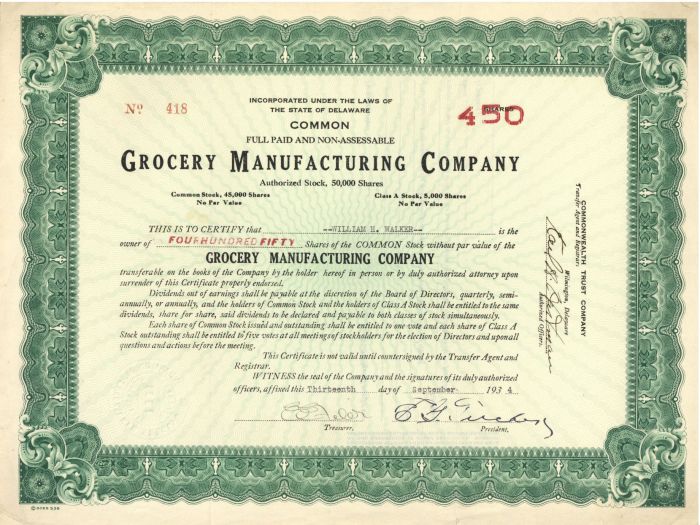 Grocery Manufacturing Co. - Stock Certificate