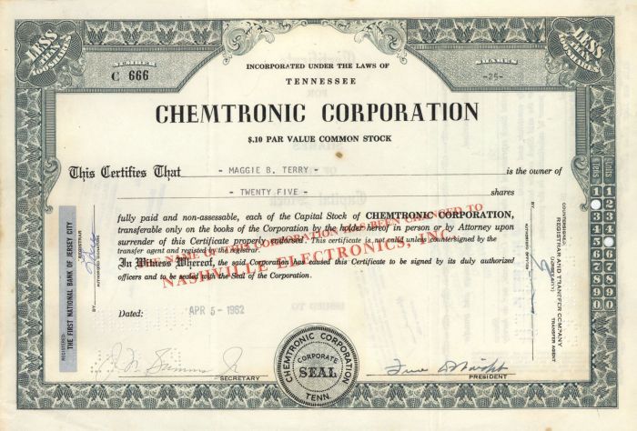 Chemtronic Corporation - Stock Certificate