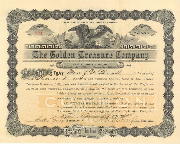 Golden Treasure Co. - 1905 dated Arizona Stock Certificate - Unusual Title