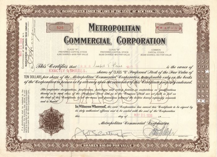 Metropolitan Commercial Corporation - 1938 dated Stock Certificate