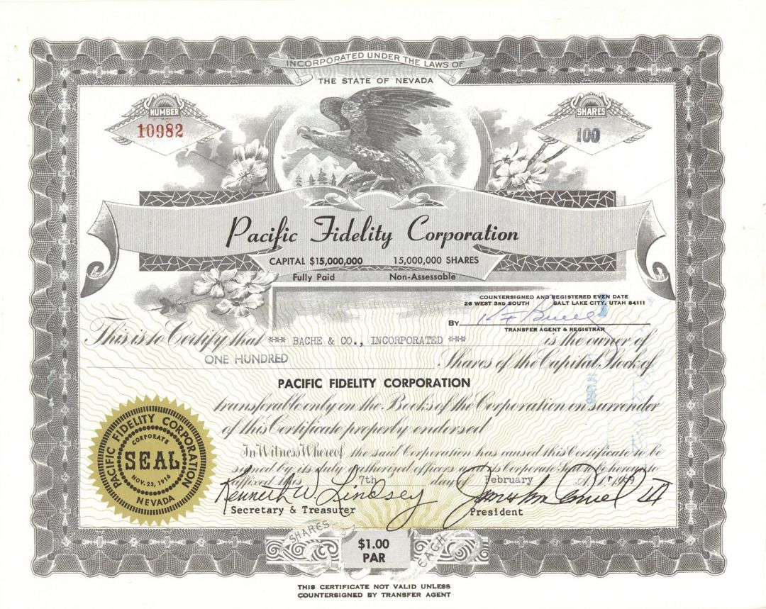 Pacific Fidelity Corporation - 1969 dated Stock Certificate