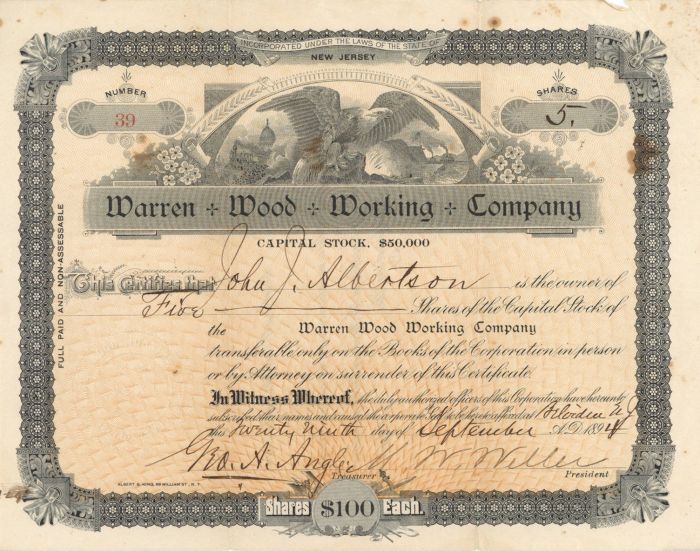 Warren Wood Working Co. - 1894 dated Stock Certificate - Rare Topic