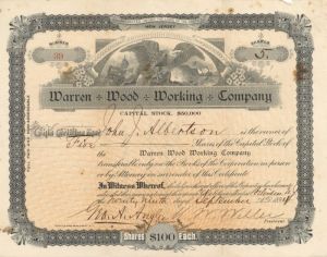 Warren Wood Working Co. - 1894 dated Stock Certificate - Rare Topic