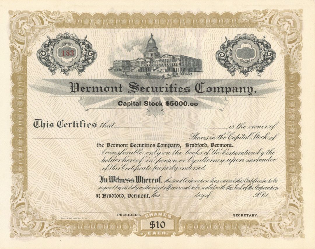 Vermont Securities Co. - Stock Certificate