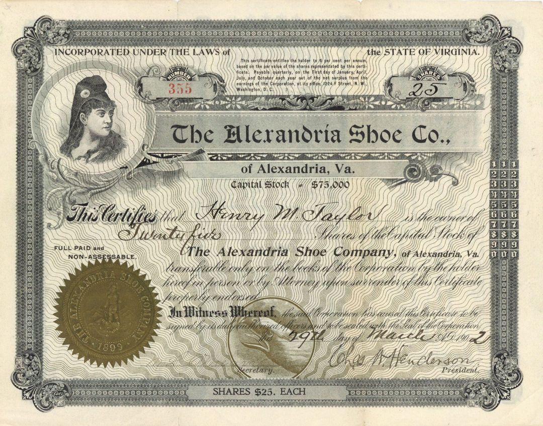 Alexandria Shoe Co. - Stock Certificate