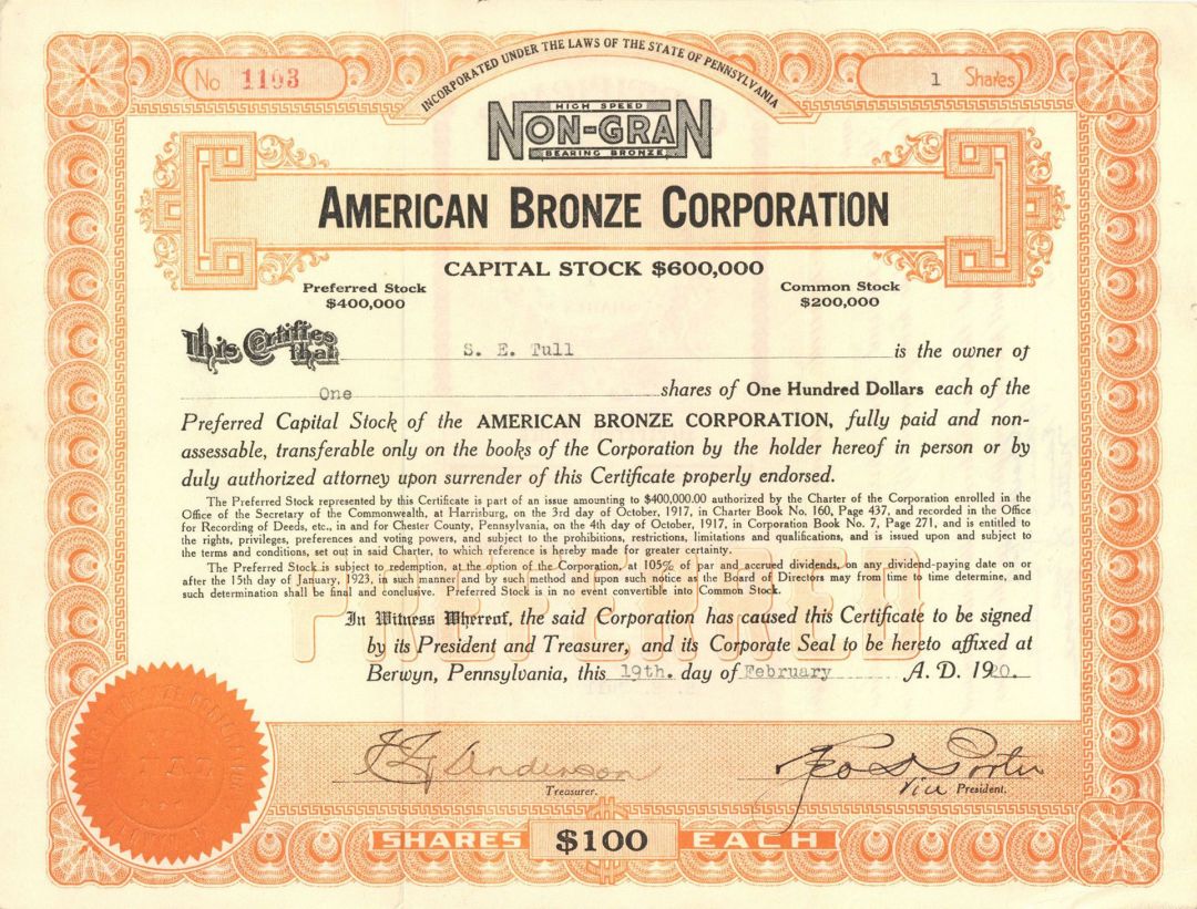 American Bronze Corp. - Stock Certificate