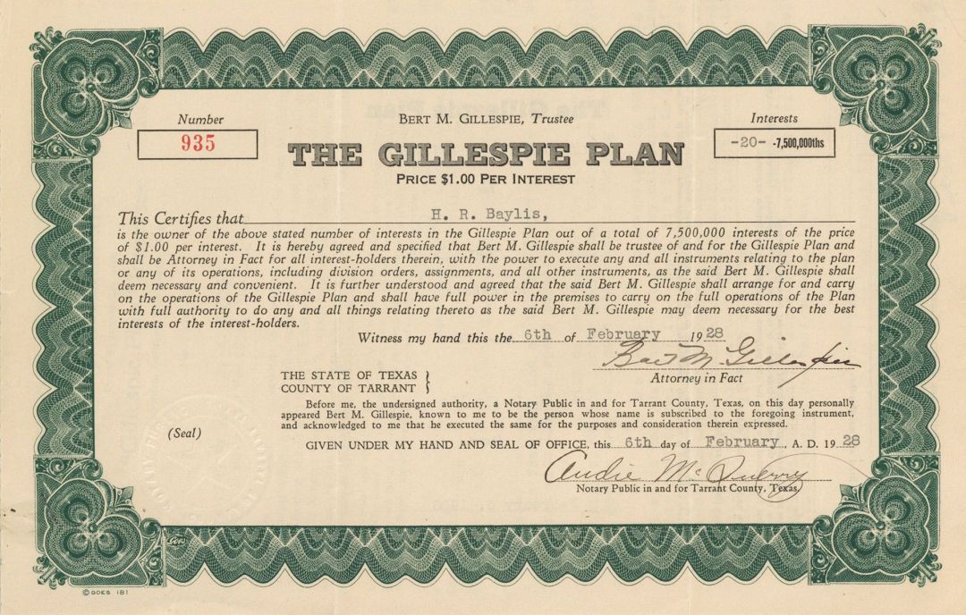 Gillespie Plan - Stock Certificate and Letter