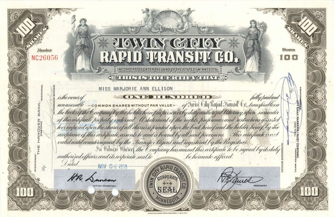 Twin City Rapid Transit Co. - Streetcar Railway Stock Certificate of Minnesota