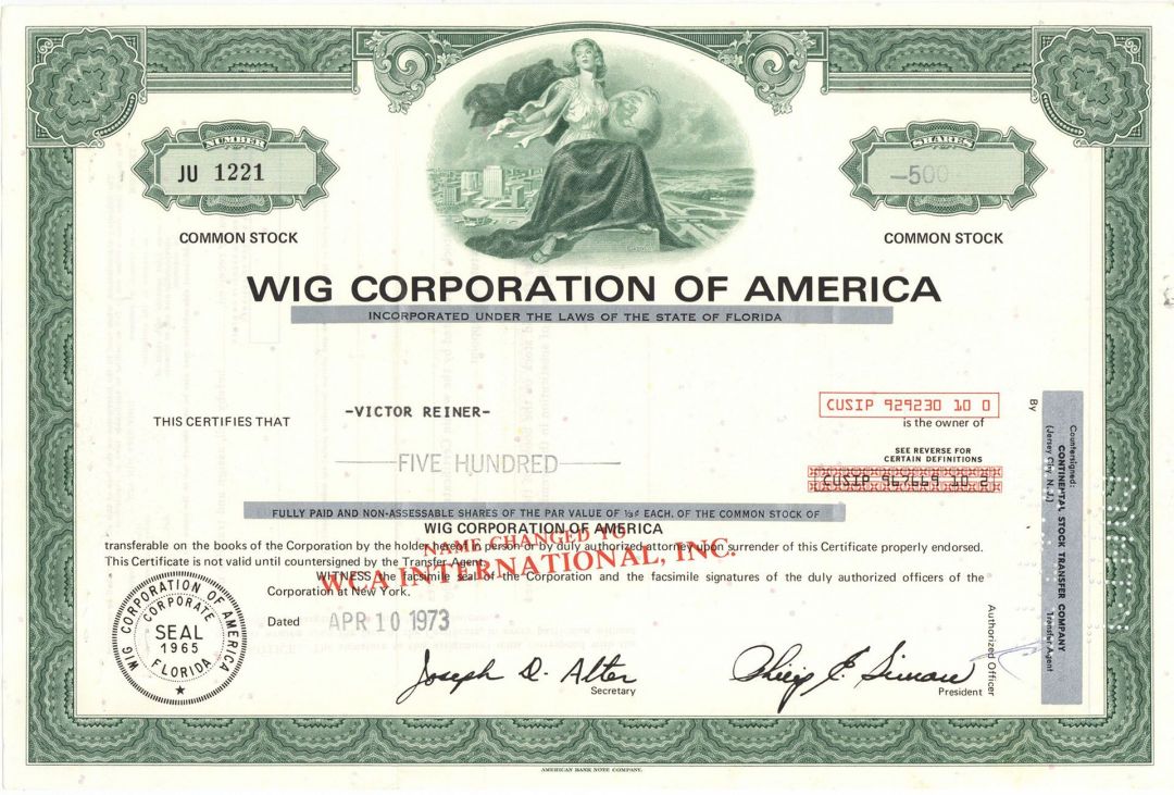 WIG Corporation of America - Stock Certificate