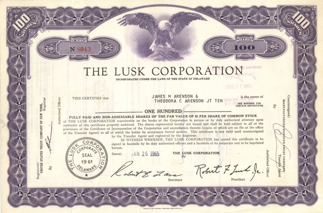 Lusk Corporation - Specimen Stock Certificate