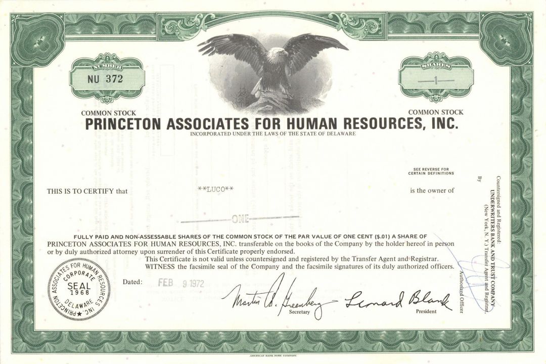 Princeton Associates for Human Resources, Inc. -  Stock Certificate