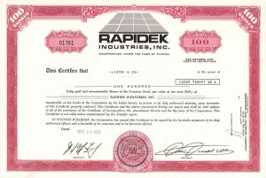 Rapidek Industries, Inc. -  Stock Certificate