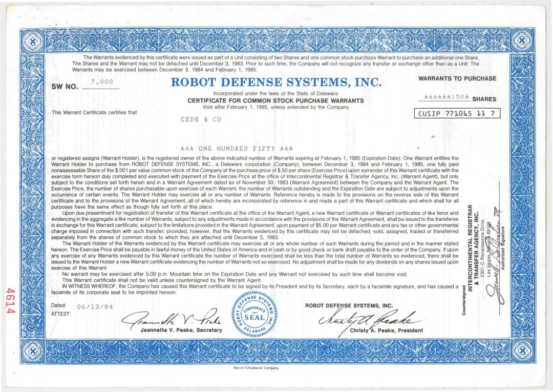 Robot Defense Systems, Inc. - 1980's dated Stock Certificate