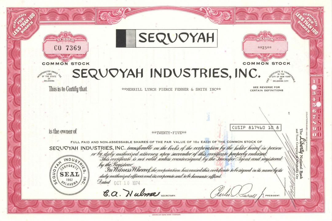 Sequoyah Industries, Inc. -  Stock Certificate