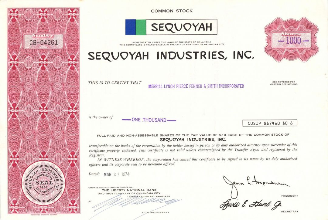 Sequoyah Industries, Inc. -  Stock Certificate