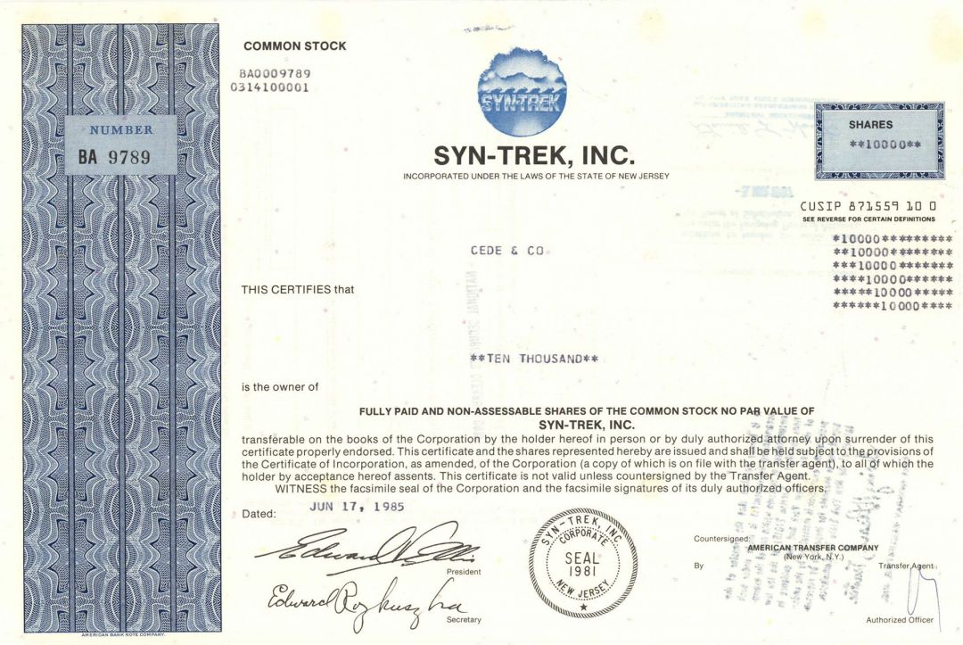 Syn-Trek, Inc. -  Stock Certificate