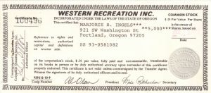 Western Recreation Inc. - Stock Certificate