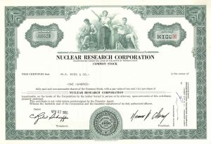 Nuclear Research Corp. - 1962 dated Stock Certificate - Very Rare Topic