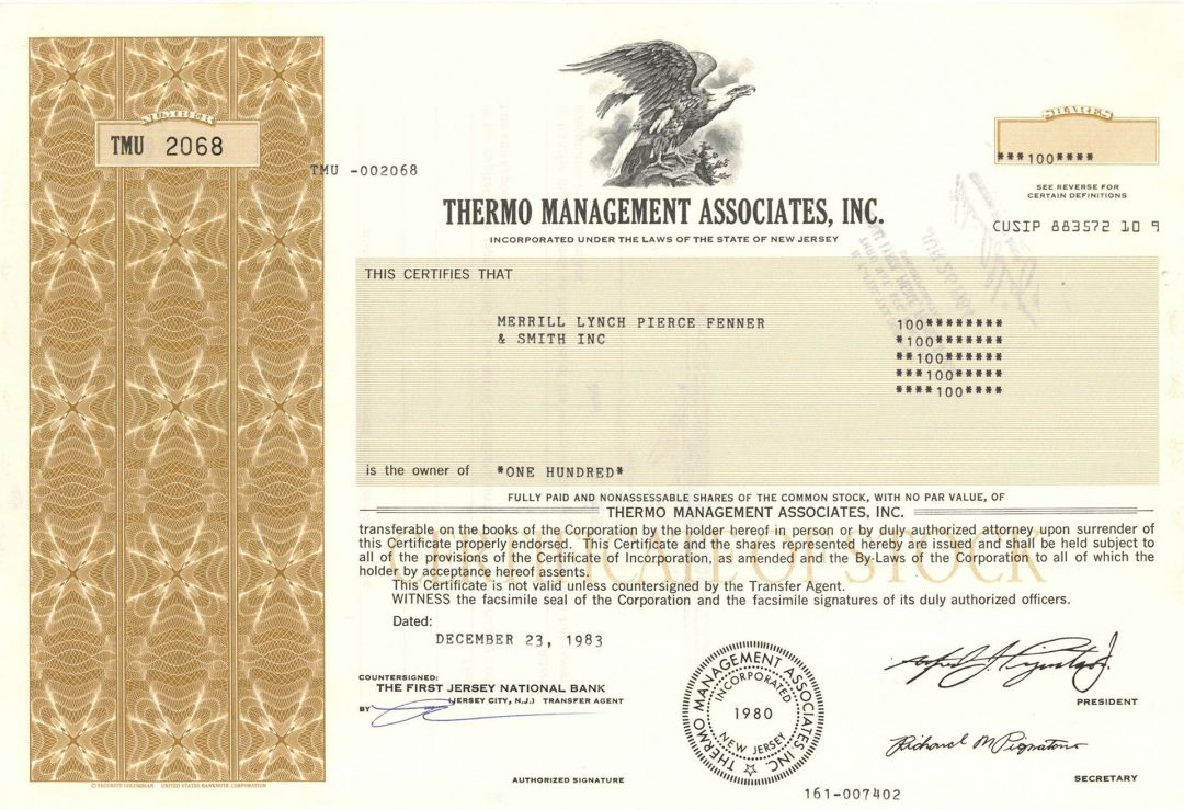 Thermo Management Associates, Inc. - Stock Certificate