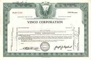 Vinco Corporation - Tool Company - 1956-1960 dated Stock Certificate