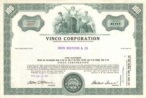 Vinco Corporation - Tool Company - 1961-1968 dated Stock Certificate