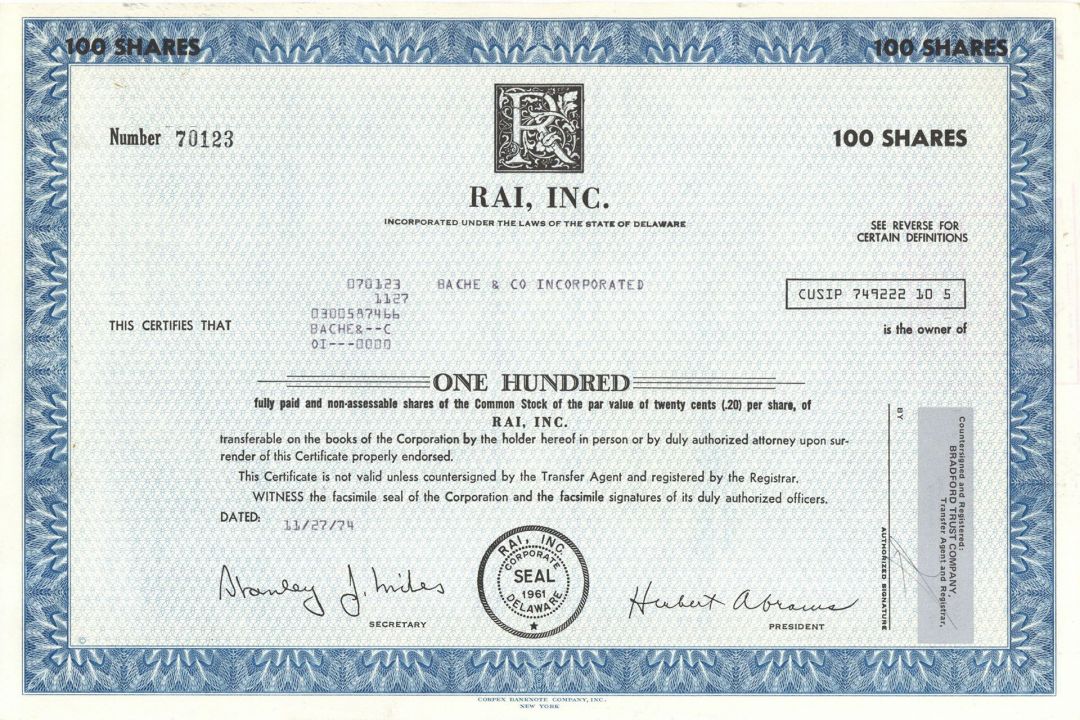 Rai, Inc. - Stock Certificate