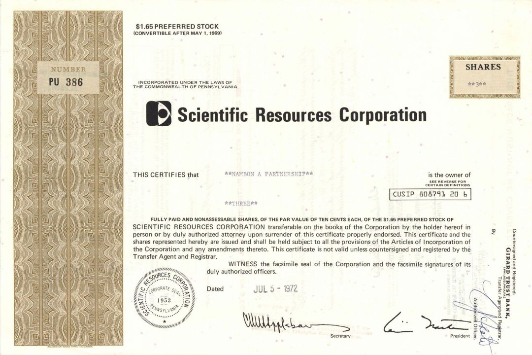 Scientific Resources Corp. - Stock Certificate